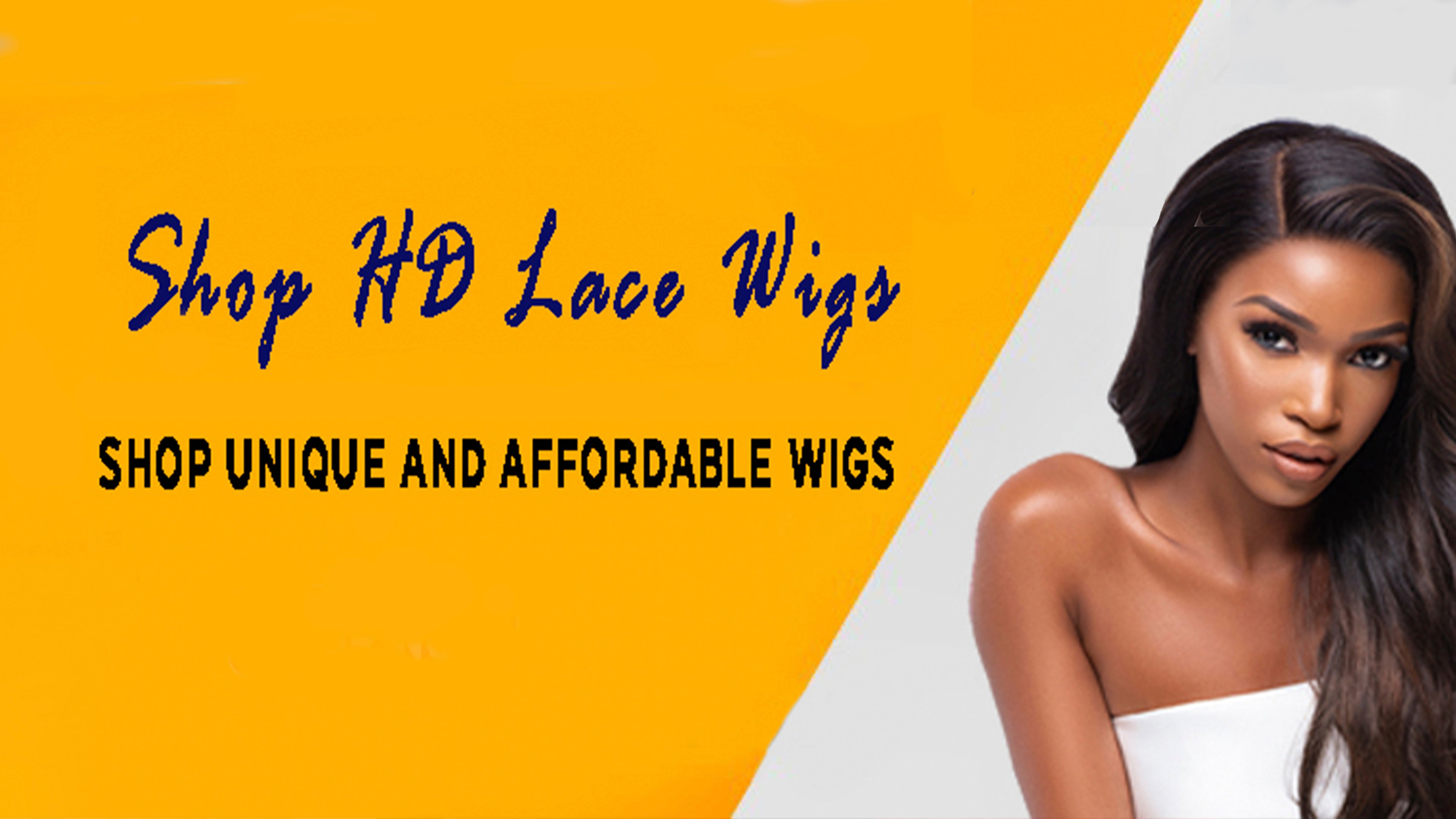Advertisement for HD lace wigs with a woman's face on a yellow and white background