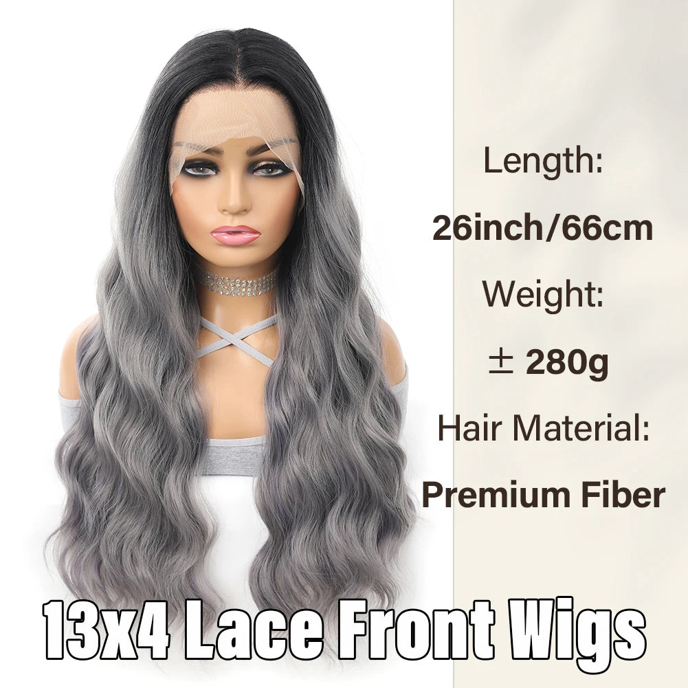 Gray Ombre Body Wavy Wig 13x4 Lace Frontal Synthetic Hair 26 Inches