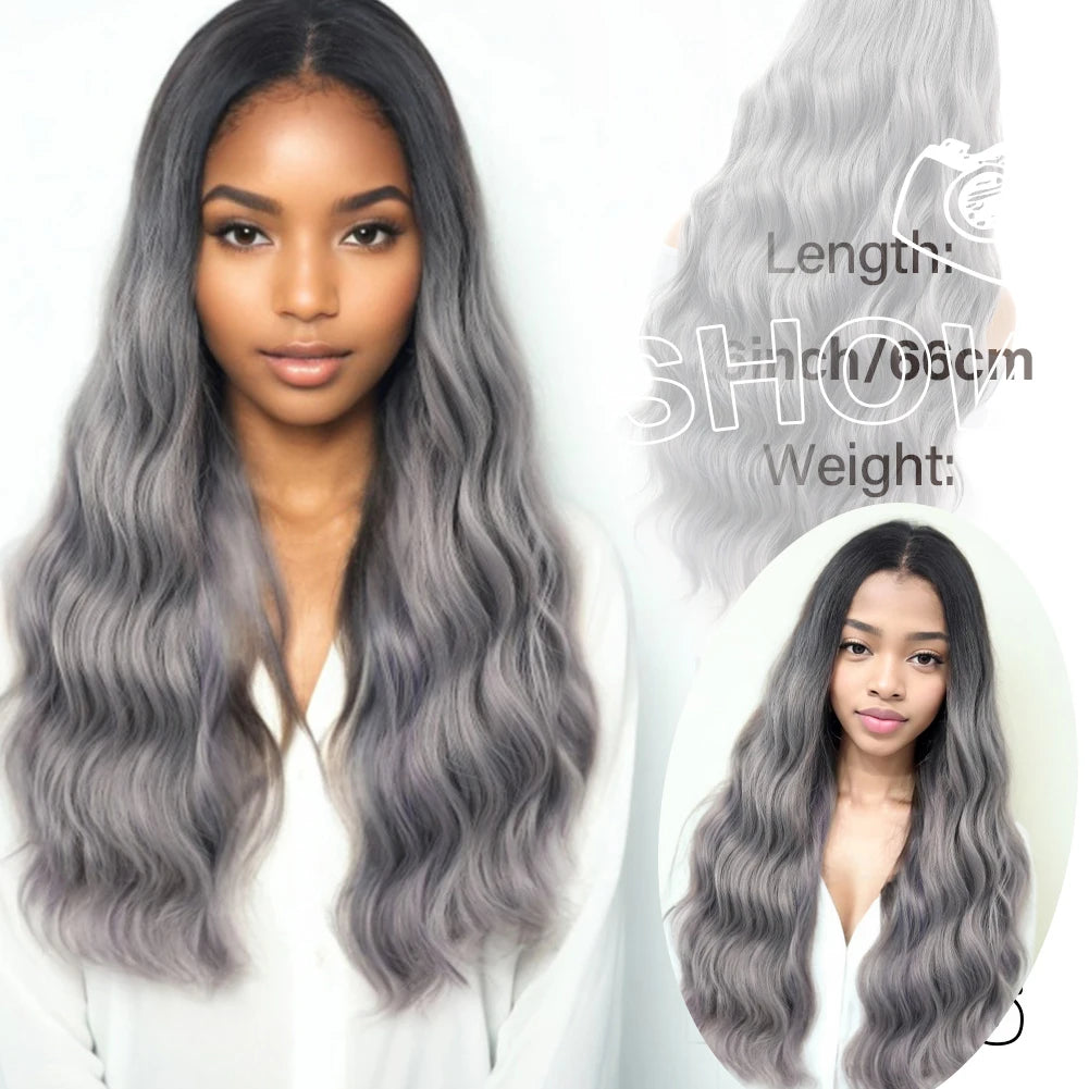 Gray Ombre Body Wavy Wig 13x4 Lace Frontal Synthetic Hair 26 Inches