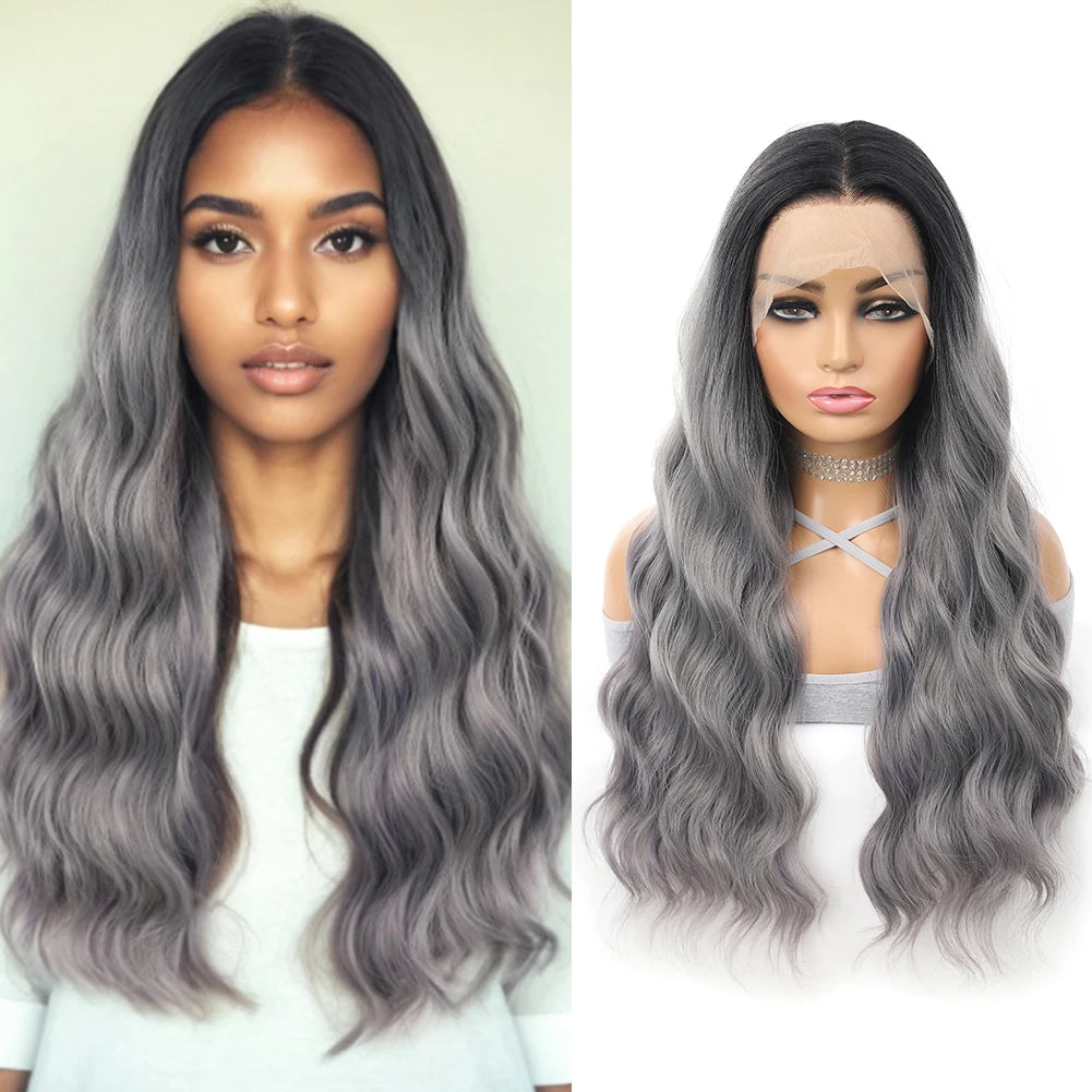 Gray Ombre Body Wavy Wig 13x4 Lace Frontal Synthetic Hair 26 Inches