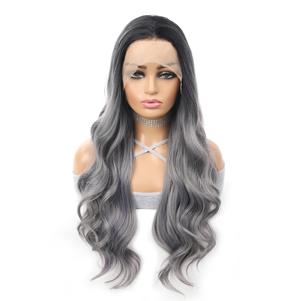 Gray Ombre Body Wavy Wig 13x4 Lace Frontal Synthetic Hair 26 Inches