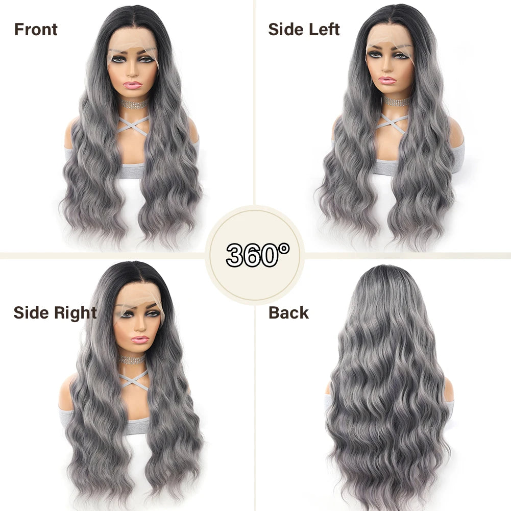 Gray Ombre Body Wavy Wig 13x4 Lace Frontal Synthetic Hair 26 Inches