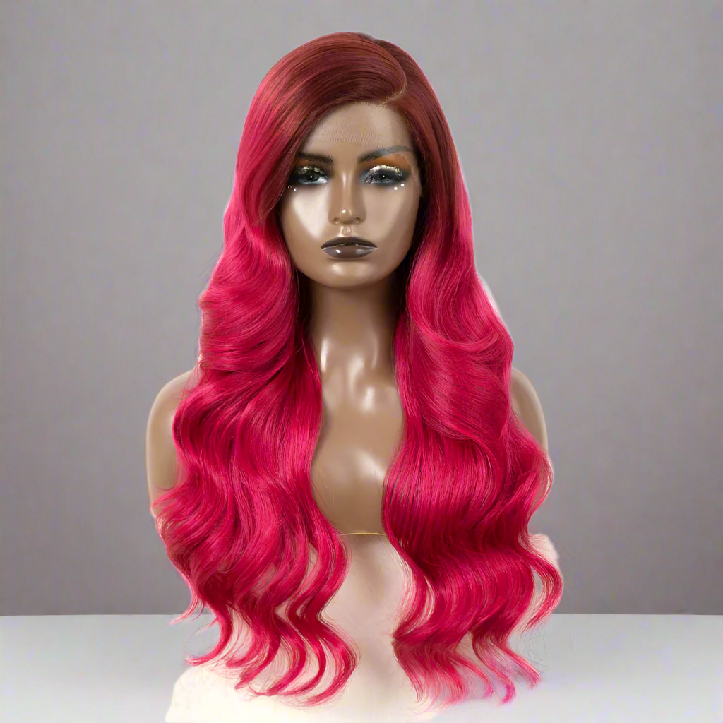 26" Body Wave C Part Synthetic Lace Front Wigs Ombre Brown Blonde Rose Red Colored Lace Front Wig