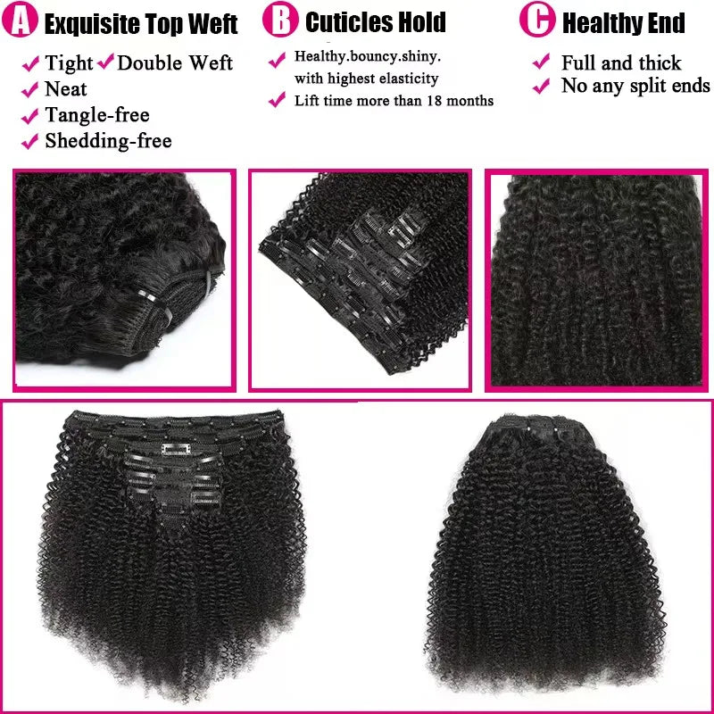 Kinky Curly Virgin Russian Human Hair Extensions  Clip-In Water Wave