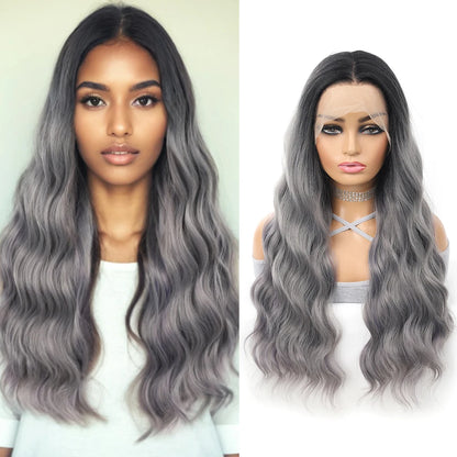 Gray Ombre Body Wavy Wig 13x4 Lace Frontal Synthetic Hair 26 Inches