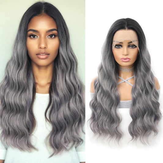 Gray Ombre Body Wavy Wig 13x4 Lace Frontal Synthetic Hair 26 Inches