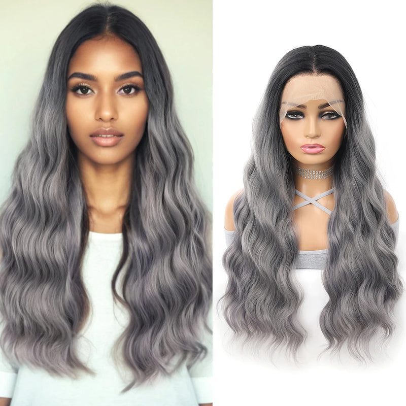 Gray Ombre Body Wavy Wig 13x4 Lace Frontal Synthetic Hair 26 Inches