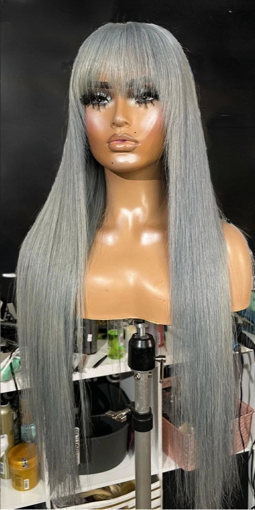Gray Bone Straight  Brazilian Human Hair Wigs 13x4 Transparent Lace Frontal Wig With Bangs
