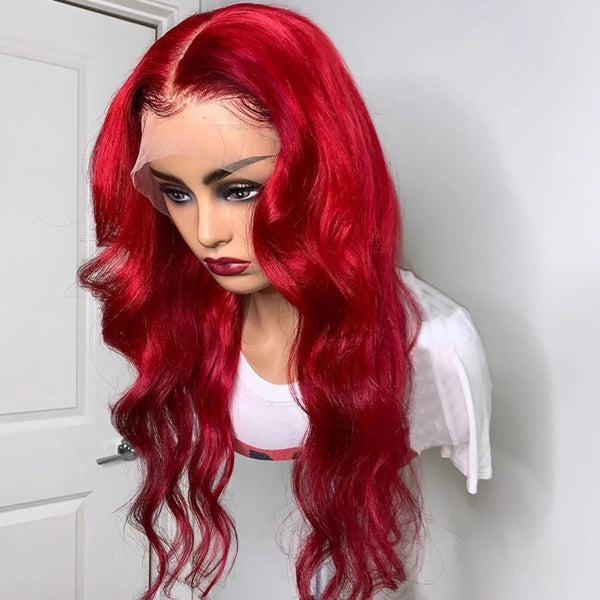Loose Wave Bright Red Blonde Transparent Lace Front Synthetic Hair Wig