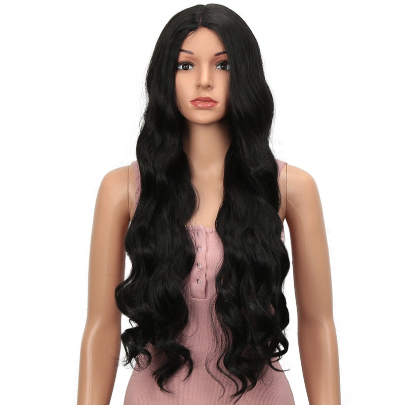 Body Wave Synthetic Lace  Part Wig Black 28 Inch Middle Part