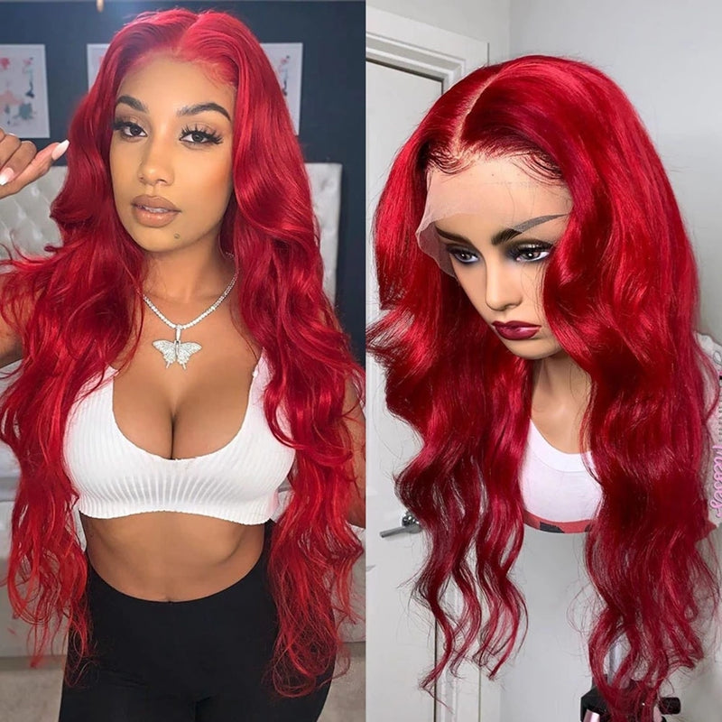 Loose Wave Bright Red Blonde Transparent Lace Front Synthetic Hair Wig