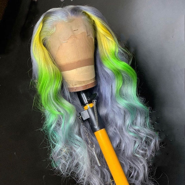 Brazilian Wig Grey, Green And Yellow Ombre lace Front  100% Virgin Human Hair